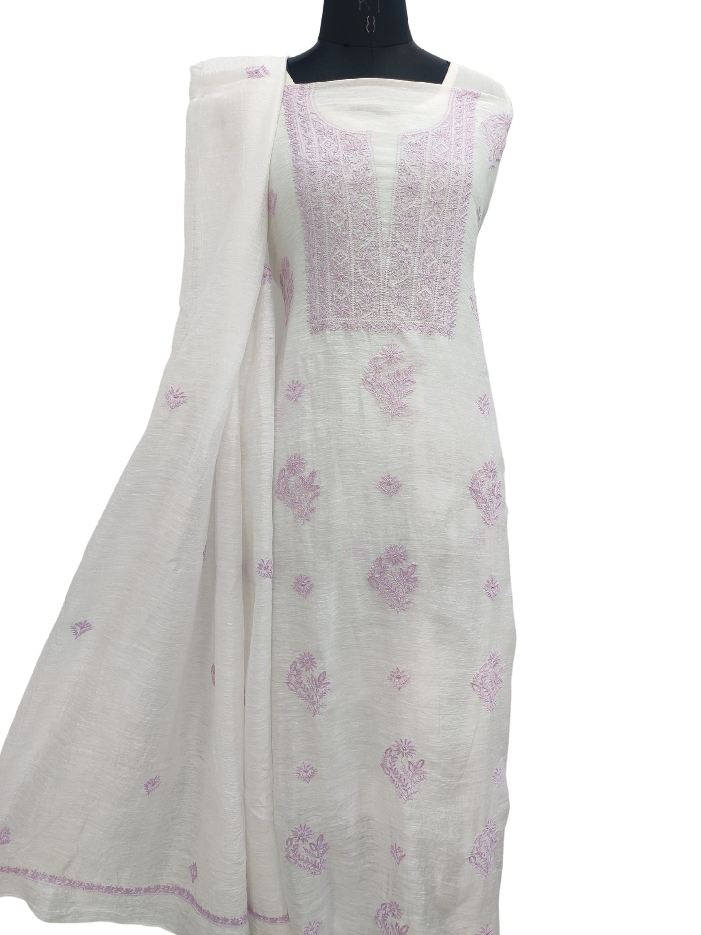 Shyamal Chikan Hand Embroidered White Pure Lenin Lucknowi Chikankari Unstitched Suit Piece (Kurta Dupatta Set )- S22862