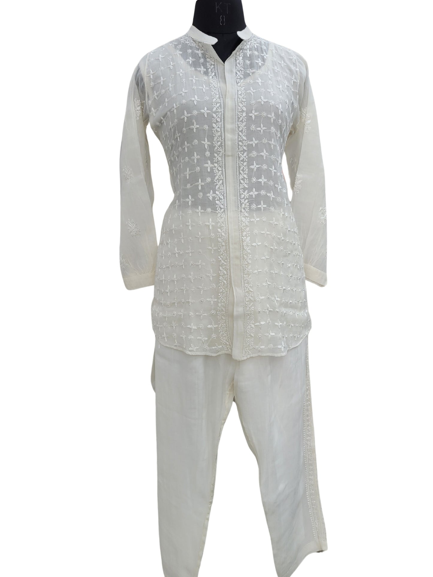 Shyamal Chikan Hand Embroidered White Mul Chanderi Lucknowi Chikankari Shirt and Pant Set - S24249