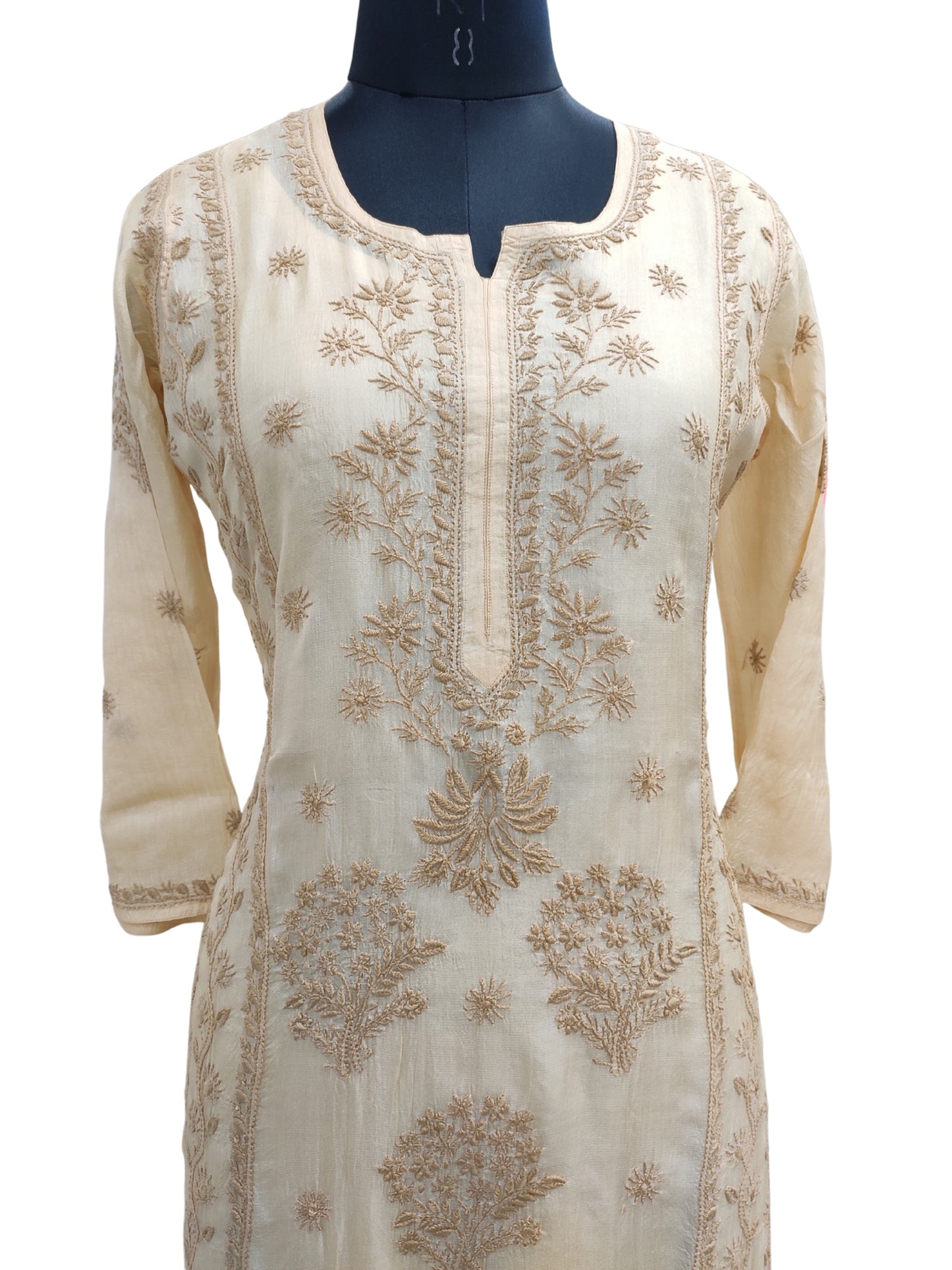 Shyamal Chikan Hand Embroidered Beige Pure Tusser Silk Lucknowi Chikankari Kurti- S25557