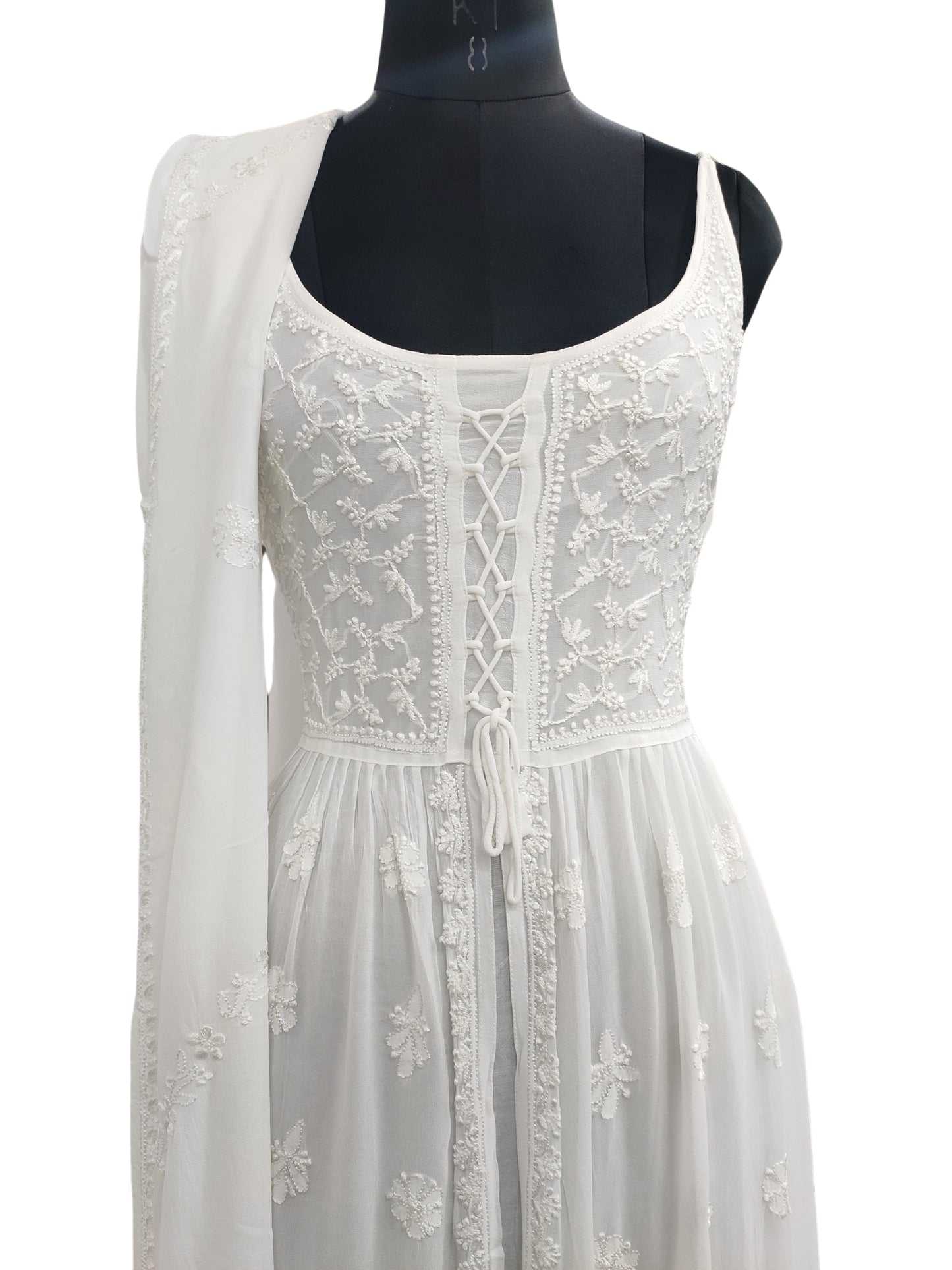 Shyamal Chikan Hand Embroidered White Viscose Georgette Lucknowi Chikankari Anarkali Gown With Dupatta - S23937