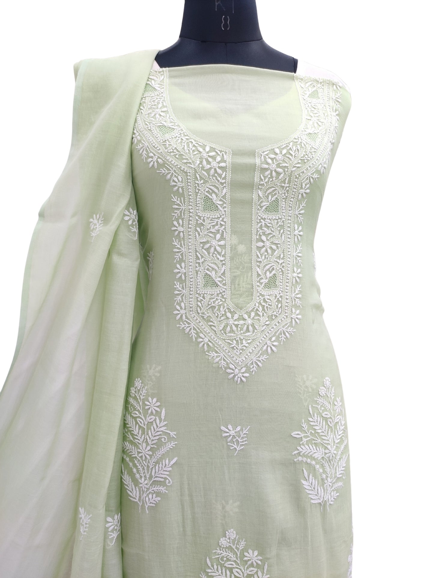 Shyamal Chikan Hand Embroidered Green Mul Chanderi Lucknowi Chikankari Unstitched Suit Piece (Kurta Dupatta Set) - S23683