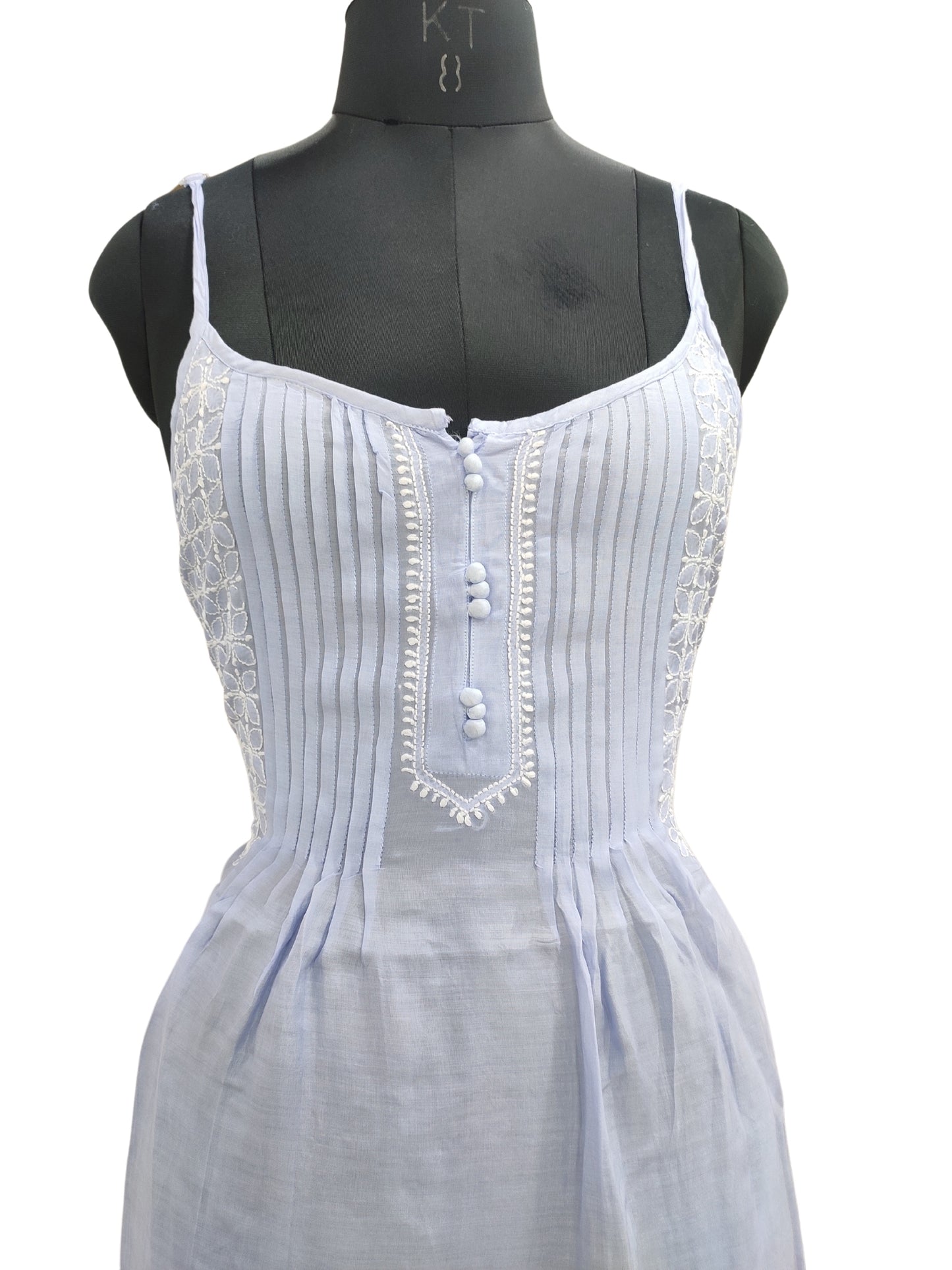 Shyamal Chikan Hand Embroidered Blue Muslin Noodle Strap Lucknowi Chikankari Short Top - S24843