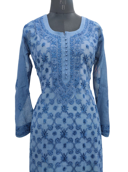 Shyamal Chikan Hand Embroidered Peacock Blue Mul Chanderi Lucknowi Chikankari Kurti - S24224