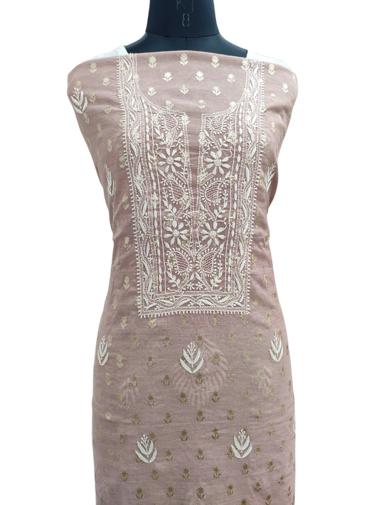 Shyamal Chikan Hand Embroidered Peach Chanderi Lucknowi Chikankari Unstitched Kurta Piece - S25011