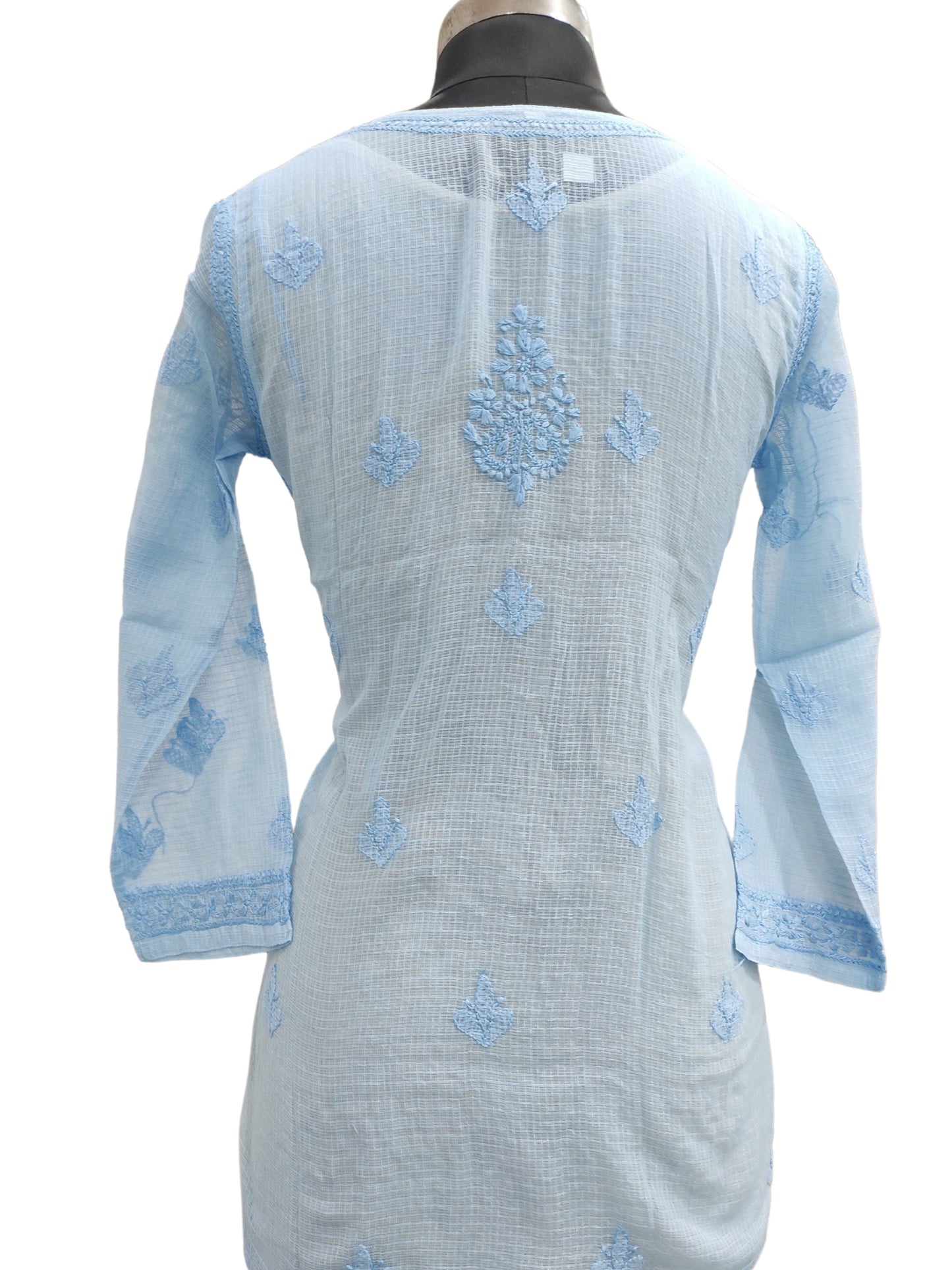 Shyamal Chikan Hand Embroidered Blue Kota Doria Lucknowi Chikankari Short Top - S26220