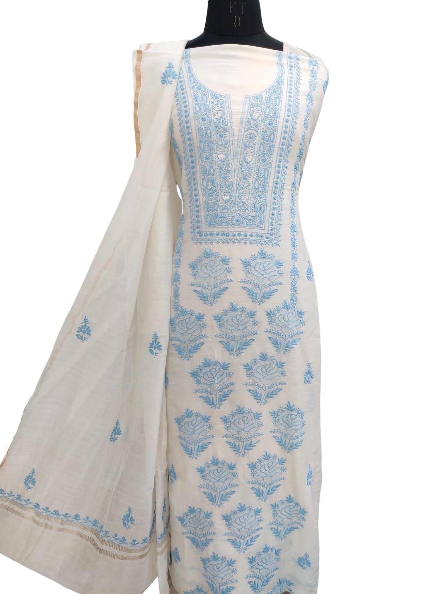 Shyamal Chikan Hand Embroidered White Chanderi Silk Lucknowi Chikankari Unstitched Suit Piece ( Kurta Dupatta Set) - S20706
