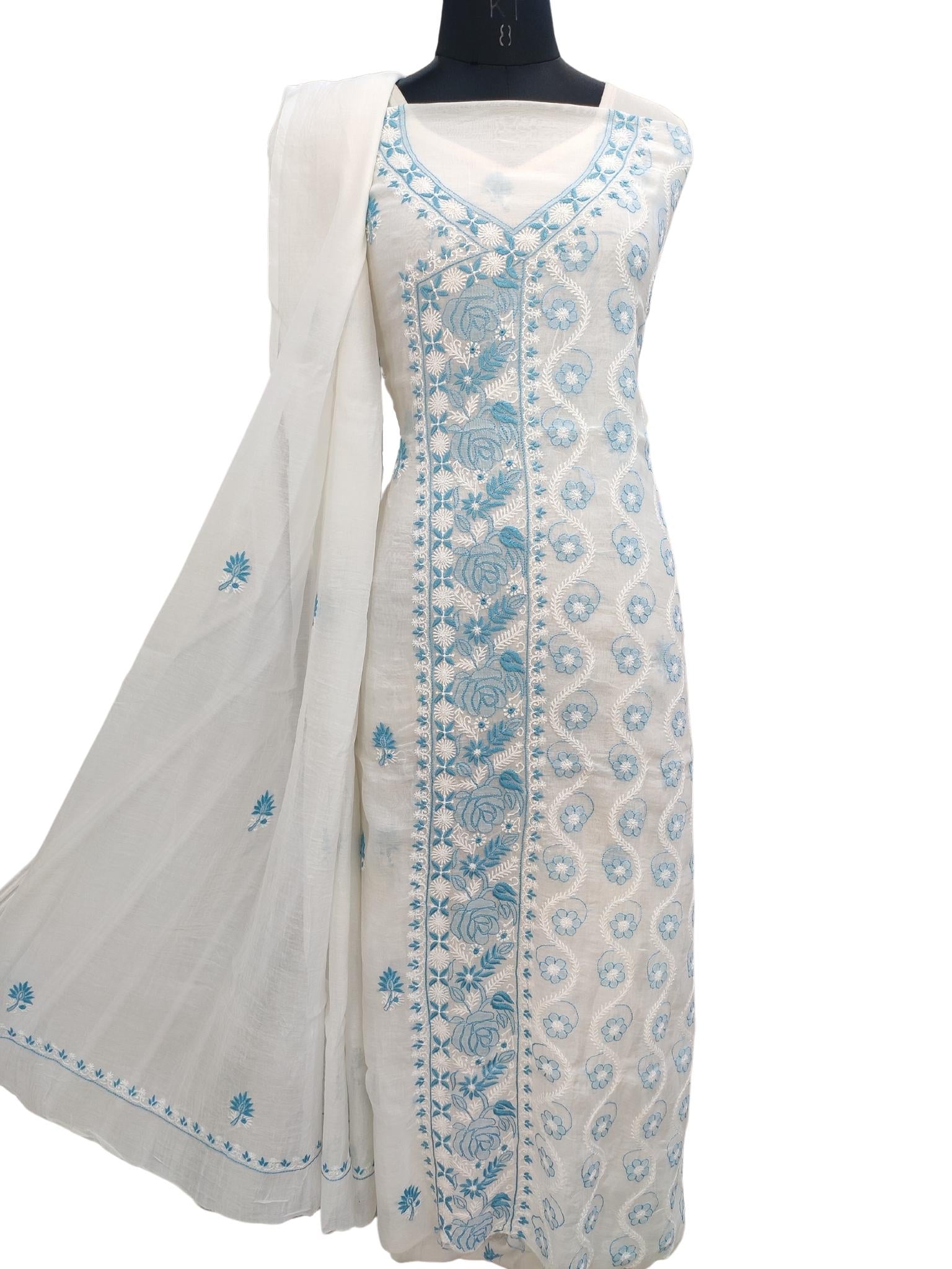 Shyamal Chikan Hand Embroidered White Mulmul Chanderi Lucknowi Chikankari Unstitched Suit Piece ( Kurta Dupatta Set ) - S20976