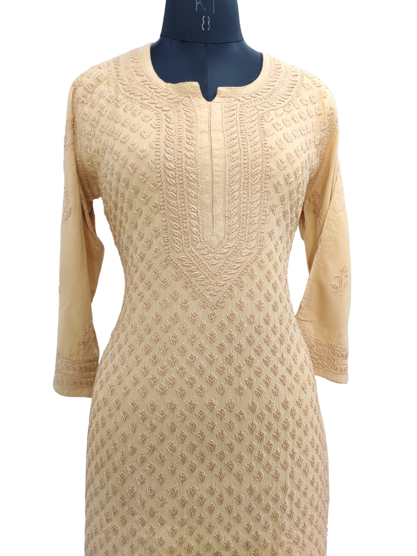 Shyamal Chikan Hand Embroidered Beige Rayon Cotton Lucknowi Chikankari Kurti- S23512