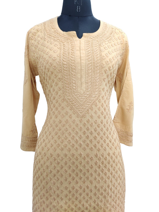 Shyamal Chikan Hand Embroidered Beige Rayon Cotton Lucknowi Chikankari Kurti- S23512