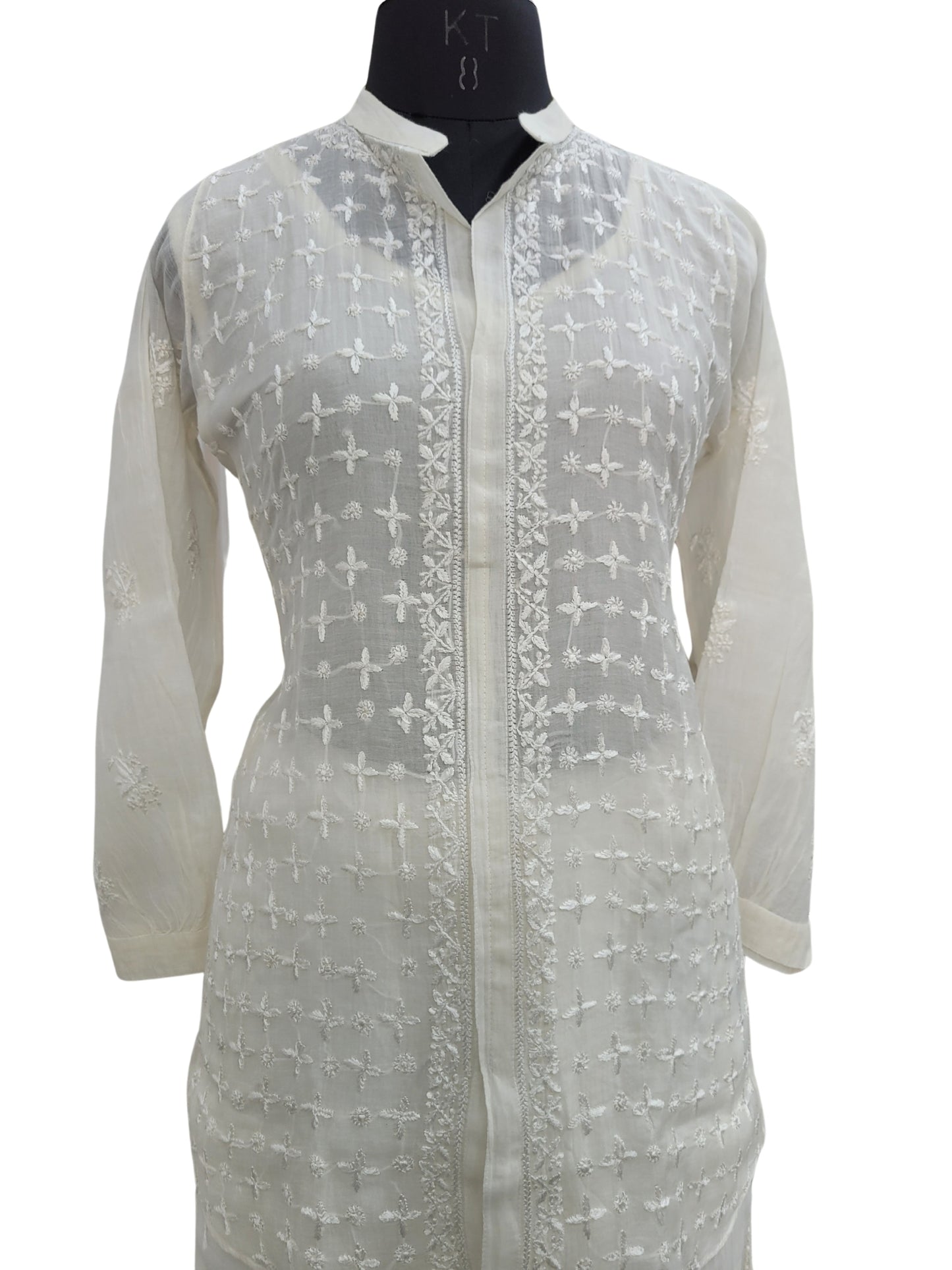 Shyamal Chikan Hand Embroidered White Mul Chanderi Lucknowi Chikankari Shirt and Pant Set - S24249