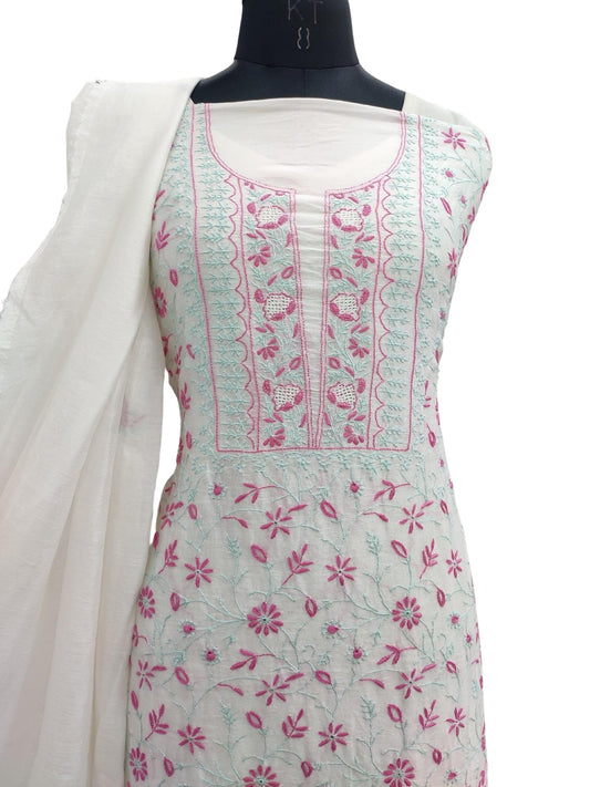 Shyamal Chikan Hand Embroidered White Chanderi Silk Lucknowi Chikankari Unstitched Suit Piece ( Kurta Dupatta Set ) - S20989