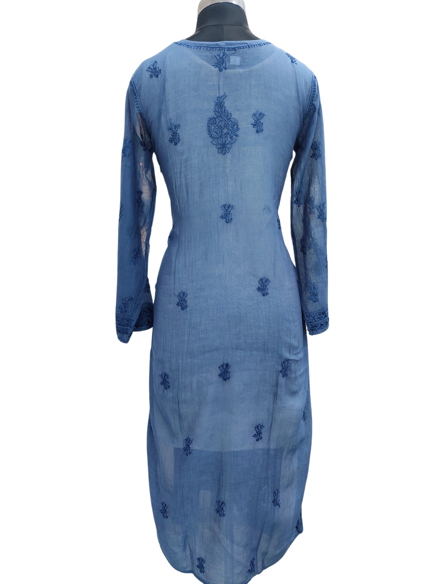 Shyamal Chikan Hand Embroidered Peacock Blue Mul Chanderi Lucknowi Chikankari Kurti - S24224