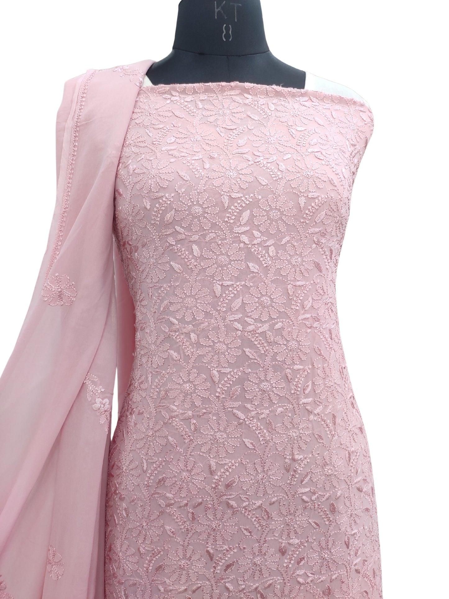 Shyamal Chikan Hand Embroidered Peach Viscose Georgette Lucknowi Chikankari Unstitched Suit Piece ( Kurta Dupatta Set ) - S 25450