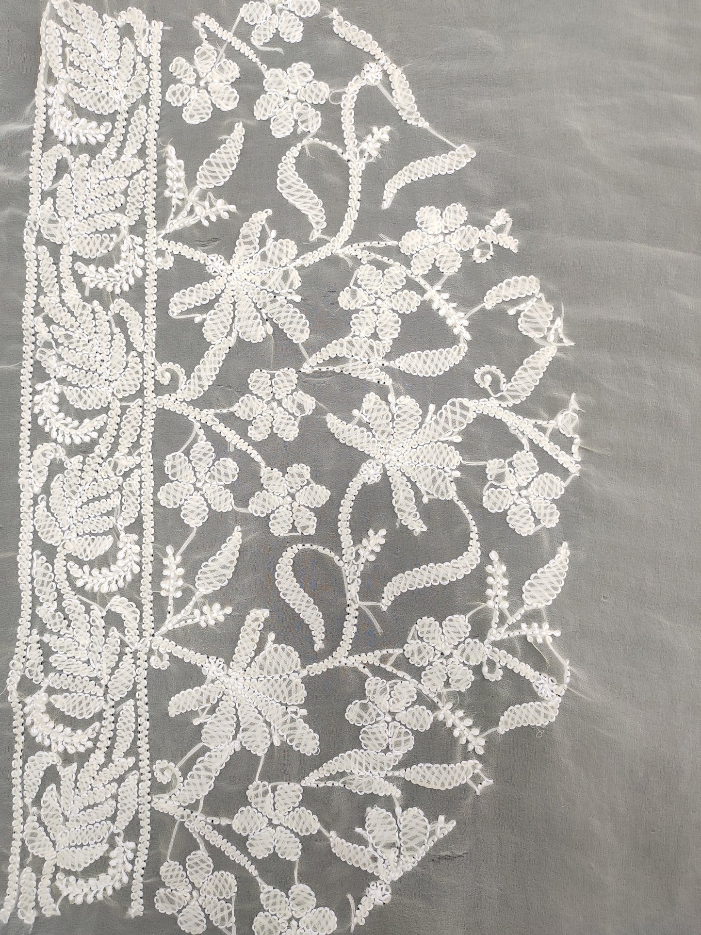 Shyamal Chikan Hand Embroidered Lemon Georgette Lucknowi Chikankari Shoulder Jaal Saree With Blouse Piece - S21937