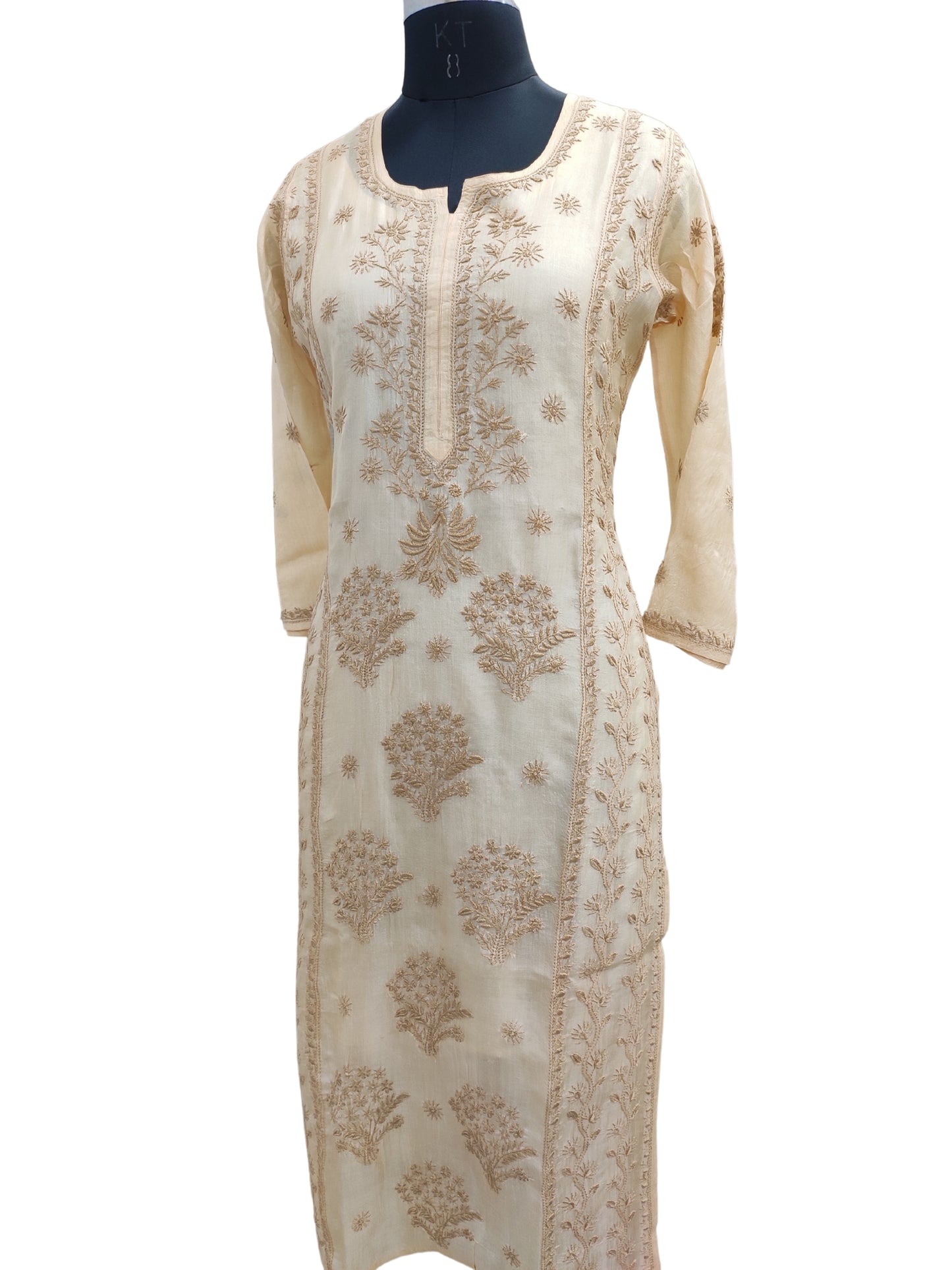 Shyamal Chikan Hand Embroidered Beige Pure Tusser Silk Lucknowi Chikankari Kurti- S25557