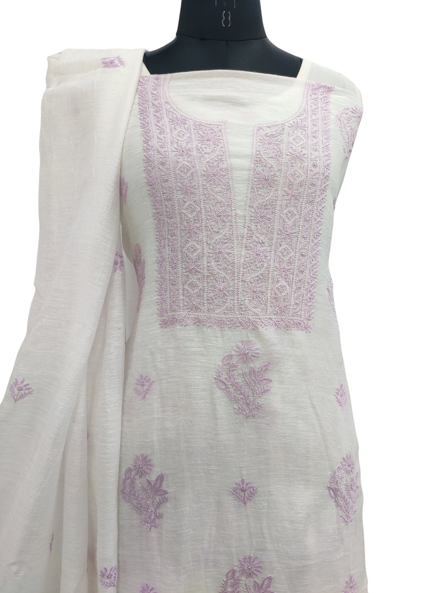 Shyamal Chikan Hand Embroidered White Pure Lenin Lucknowi Chikankari Unstitched Suit Piece (Kurta  Dupatta Set )- S22862