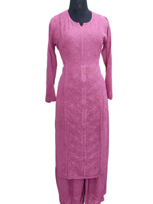 Shyamal Chikan Hand Embroidered Magenta Viscose Georgette Lucknowi Chikankari Kurta and Bottom Set - 23673