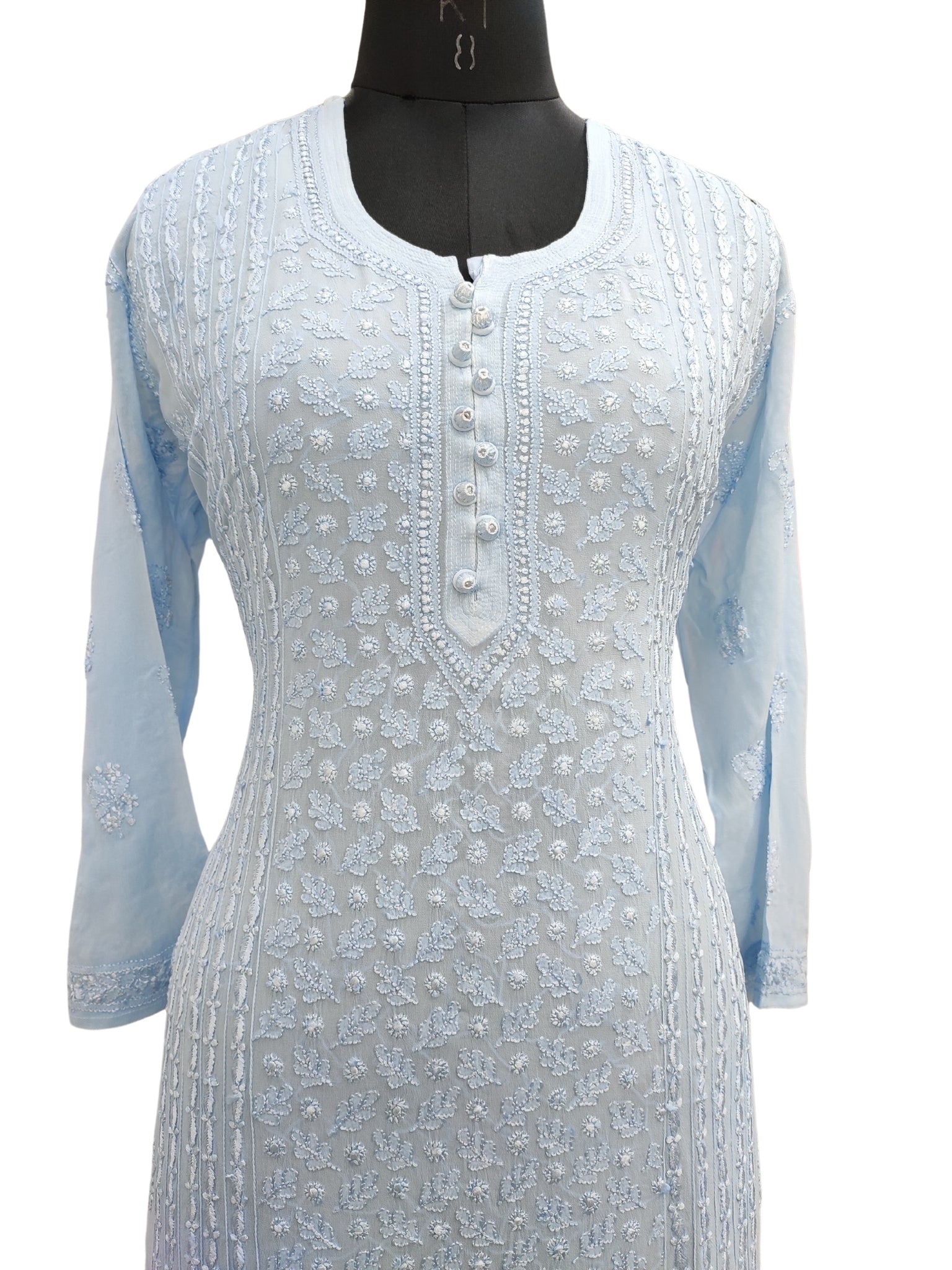 Shyamal Chikan Hand Embroidered Blue Viscose Georgette Lucknowi Chikankari Kurti - S22908