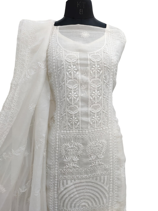 Shyamal Chikan Hand Embroidered White Organza Lucknowi Chikankari Unstitched Suit Piece (Kurta Dupatta Set)  - S24984