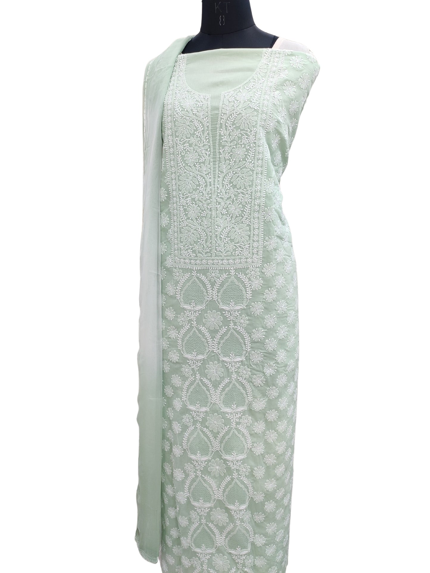 Shyamal Chikan Hand Embroidered Sea Green Cotton Lucknowi Chikankari Unstitched Suit Piece With Jaali Work- S21855