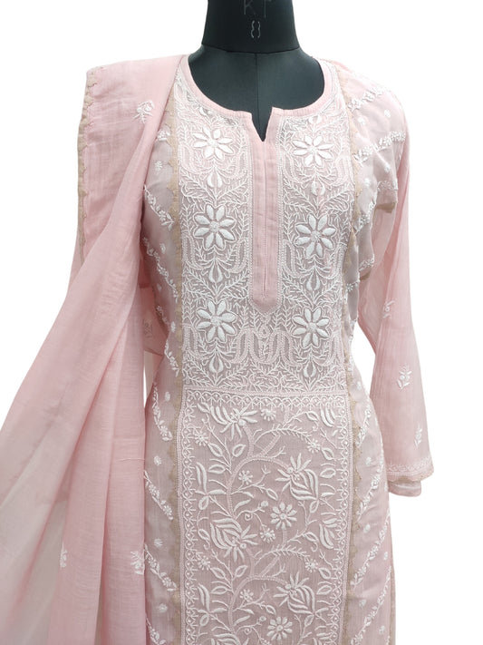 Shyamal Chikan Hand Embroidered Peach Mul Chanderi Lucknowi Chikankari semi stitched Suit Piece With Daraz Work (Kurta Dupatta Set) - S25086