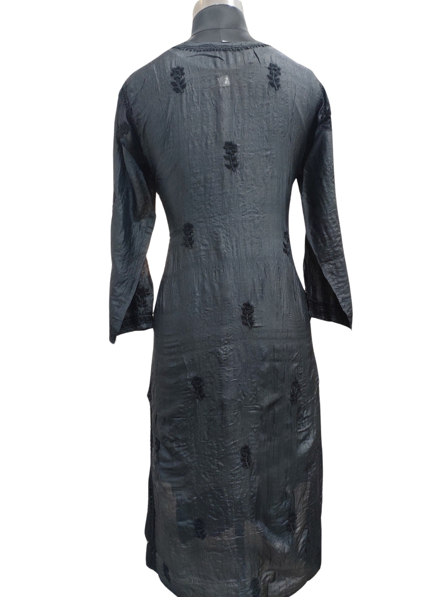 Shyamal Chikan Hand Embroidered Black Pure Tusser Silk Lucknowi Chikankari Kurti- S24417