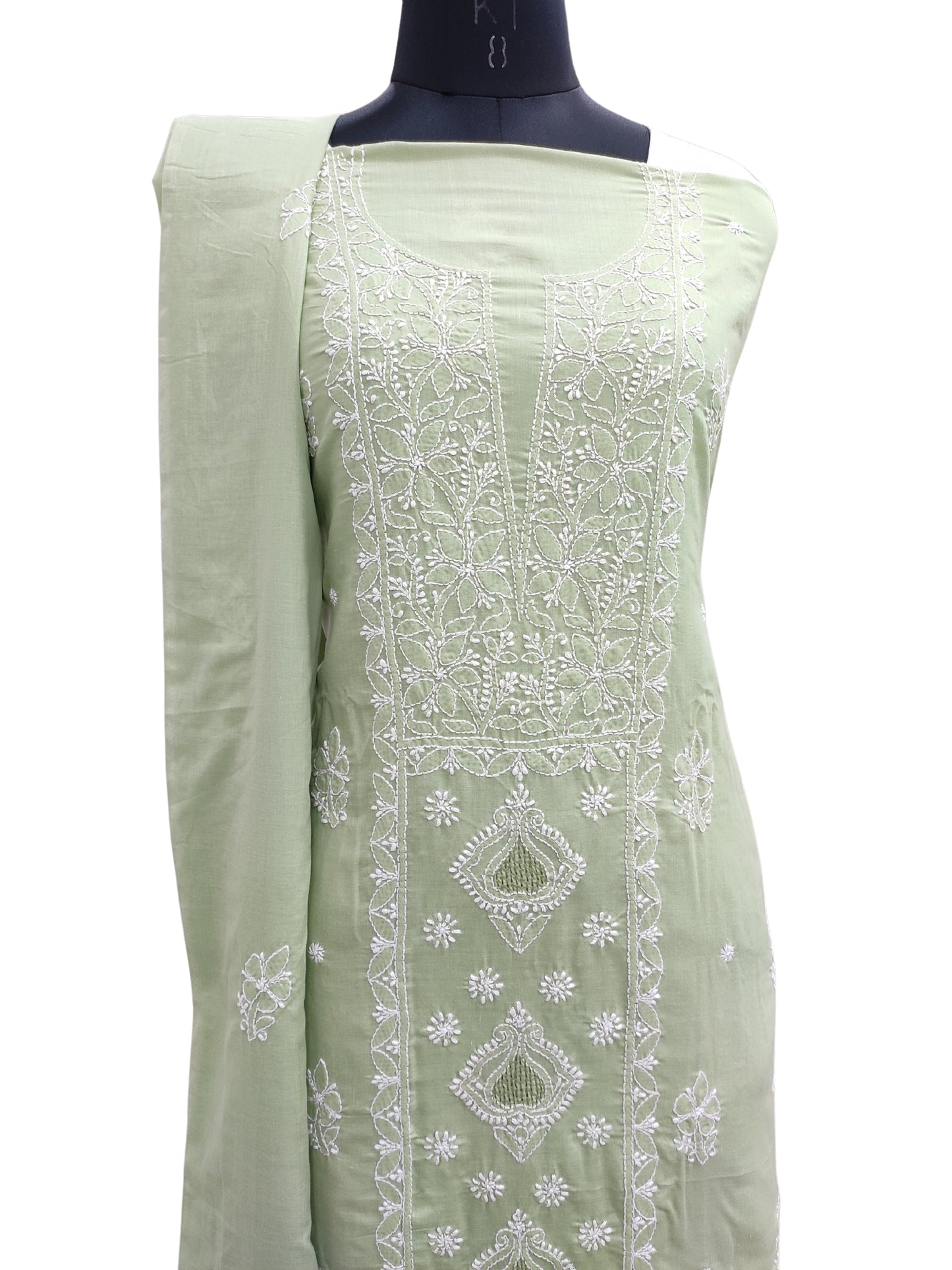 Shyamal Chikan Hand Embroidered Green Cotton Lucknowi Chikankari Unstitched Suit Piece With Cotton Dupatta & Jaali Work - S25289