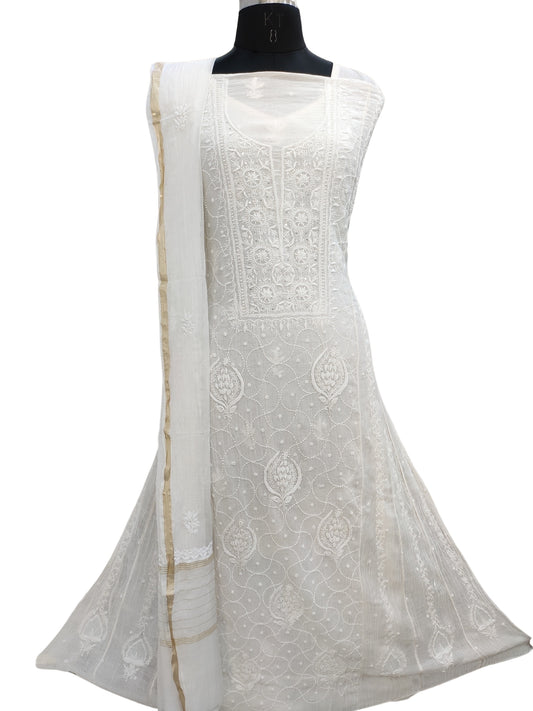 Hand Embroidered White Mul Chanderi Lucknowi Chikankari Unstitched Anarkali (Kurta Dupatta Set) With Pearl Cutdana & Sequin Work- S26727