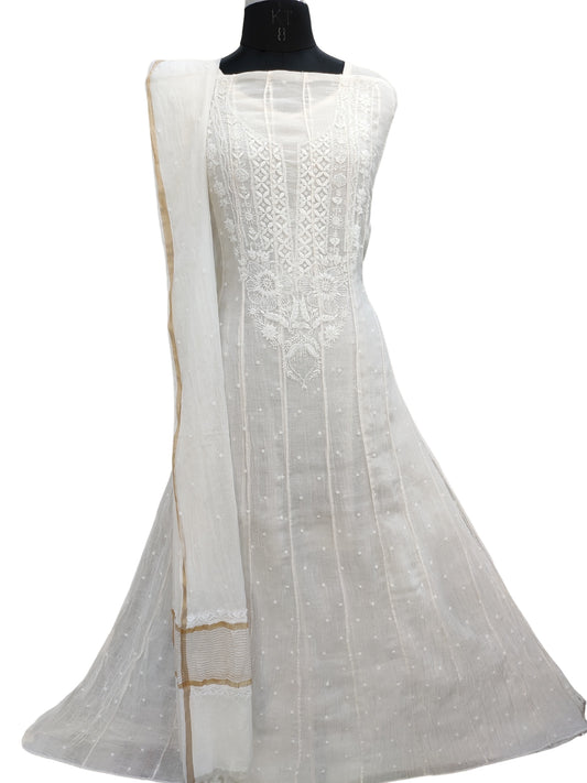 Hand Embroidered White Mul Chanderi Lucknowi Chikankari Unstitched Anarkali (Kurta Dupatta Set) With Pearl Cutdana & Sequin Work- S26729
