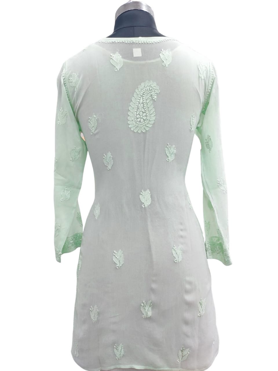 Shyamal Chikan Hand Embroidered Sea Green Viscose Georgette Lucknowi Chikankari Short Top - S19629