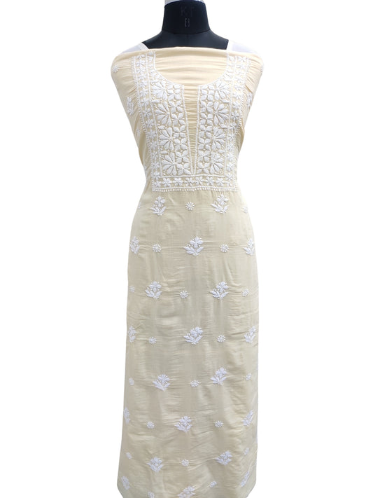 Shyamal Chikan Hand Embroidered Beige Cotton Lucknowi Chikankari Unstitched Kurta Piece - S25311