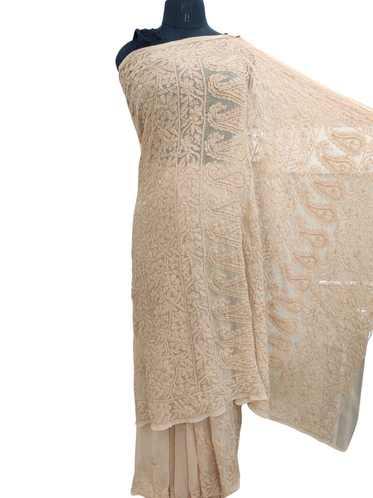 Shyamal Chikan Hand Embroidered Beige Georgette Lucknowi Chikankari Shoulder Jaal Saree With Blouse Piece - S26071
