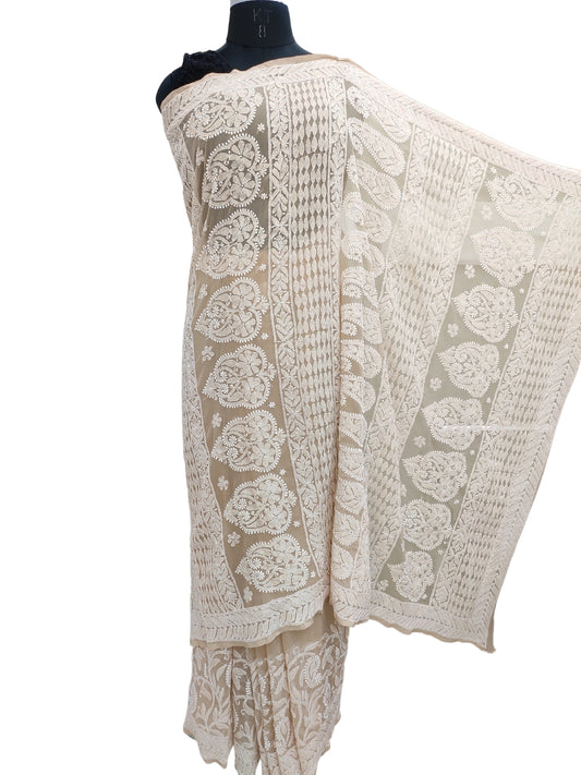 Shyamal Chikan Hand Embroidered Beige Georgette Lucknowi Chikankari Skirt Saree With Blouse Piece - S26272