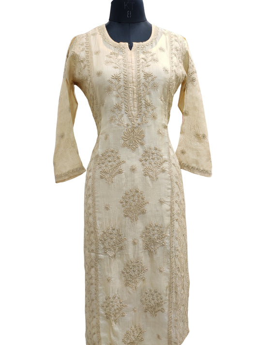Shyamal Chikan Hand Embroidered Beige Pure Tusser Silk Lucknowi Chikankari Kurti- S27019
