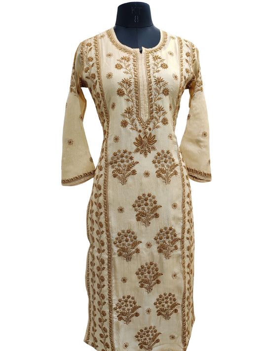 Shyamal Chikan Hand Embroidered Beige Pure Tusser Silk Lucknowi Chikankari Kurti- S27020