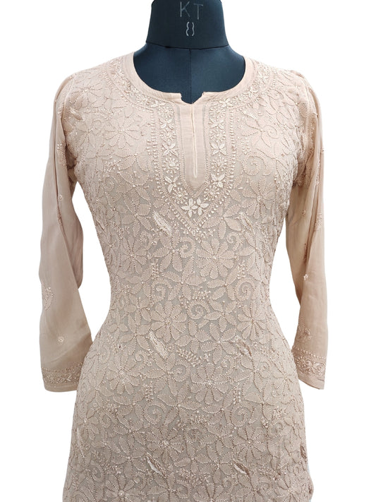 Shyamal Chikan Hand Embroidered Beige Viscose Georgette Lucknowi Chikankari Short Top - S26152