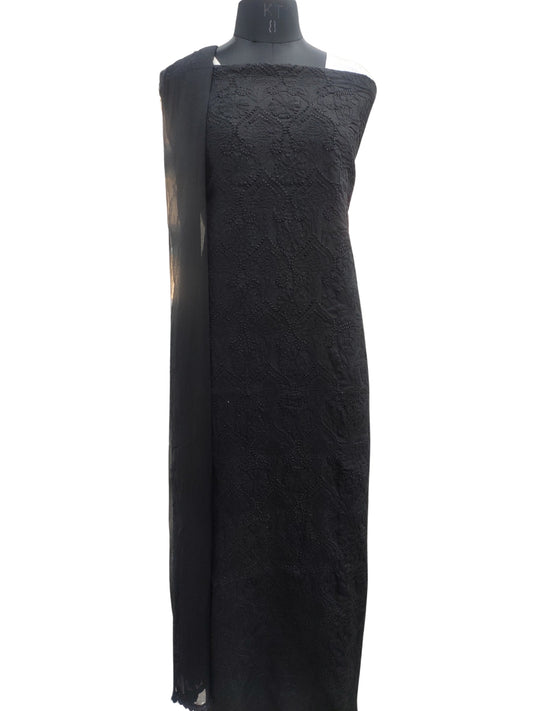 Shyamal Chikan Hand Embroidered Black Cotton Lucknowi Chikankari Unstitched Suit Piece With Jaali Work- S26700