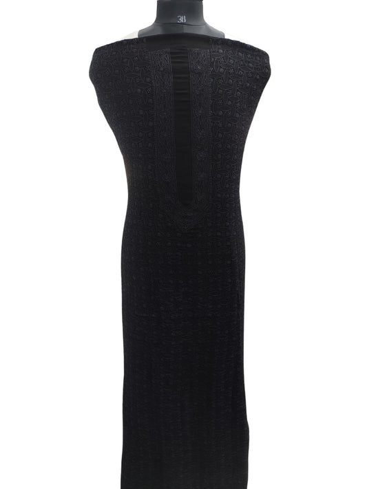 Shyamal Chikan Hand Embroidered Black Viscose Georgette Lucknowi All-Over Chikankari Unstitched Men's Kurta Piece – S20158