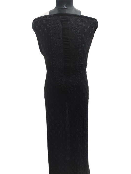 Shyamal Chikan Hand Embroidered Black Viscose Georgette Lucknowi All-Over Chikankari Unstitched Men's Kurta Piece – S24660