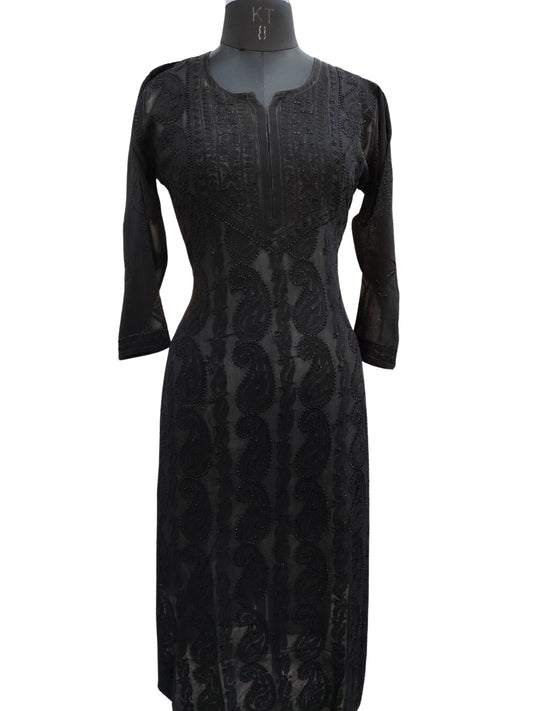 Shyamal Chikan Hand Embroidered Black Viscose Georgette Lucknowi Chikankari Kurti - S24275