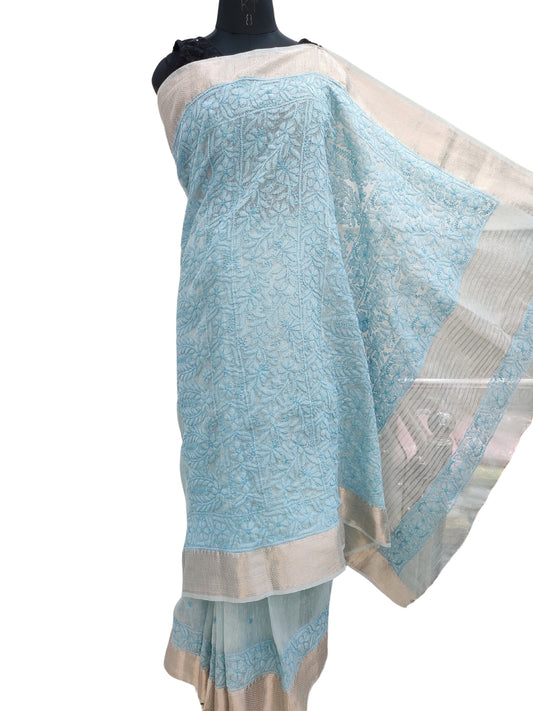 Shyamal Chikan Hand Embroidered Blue Banarasi Tissue Lucknowi Chikankari Saree With Blouse Piece- S26335