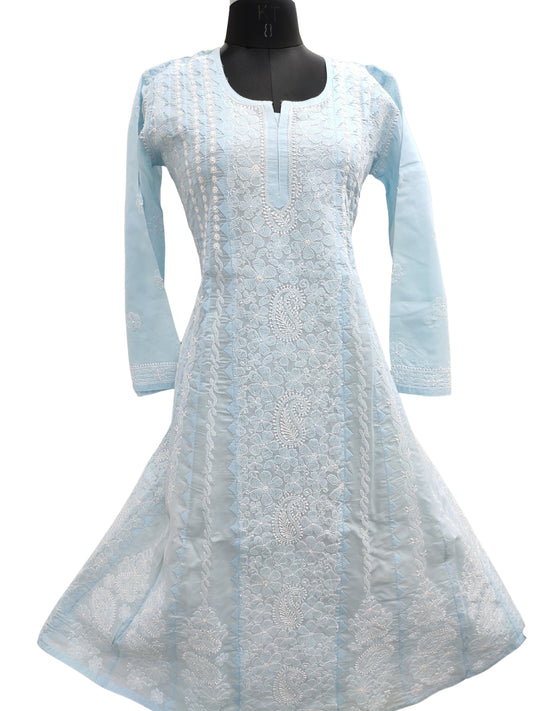 Shyamal Chikan Hand Embroidered Blue Cotton Lucknowi Chikankari Anarkali With Daraz Work - S26548