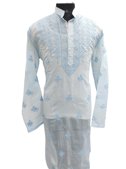 Shyamal Chikan Hand Embroidered Blue Cotton Lucknowi Chikankari Men's Kurta– S25645