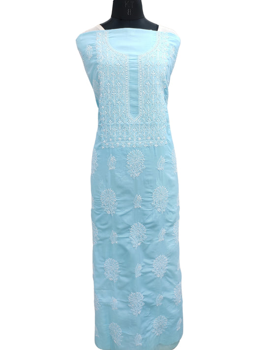 Shyamal Chikan Hand Embroidered Blue Cotton Lucknowi Chikankari Unstitched Kurta Piece - S25321