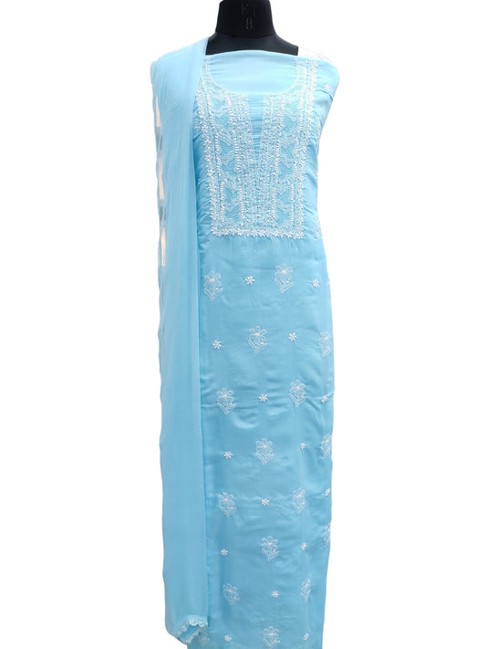 Shyamal Chikan Hand Embroidered Blue Cotton Lucknowi Chikankari Unstitched Suit Piece - S26696