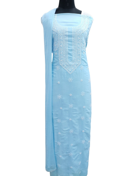 Shyamal Chikan Hand Embroidered Blue Cotton Lucknowi Chikankari Unstitched Suit Piece With Jaali Work - S25276