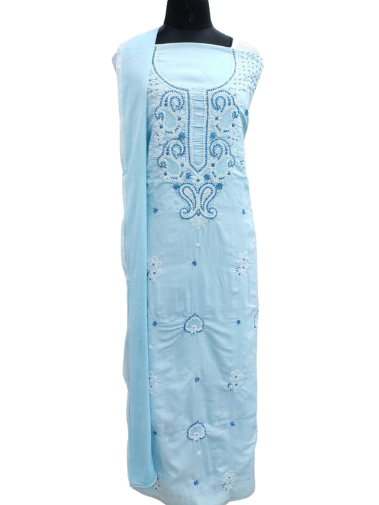 Shyamal Chikan Hand Embroidered Blue Cotton Lucknowi Chikankari Unstitched Suit Piece With Jaali Work - S25419
