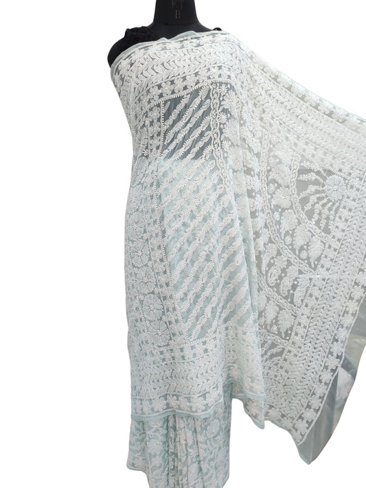 Shyamal Chikan Hand Embroidered Blue Georgette Lucknowi Chikankari Full Jaal Saree With Blouse Piece - S26385