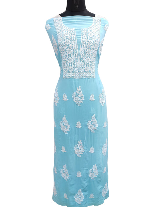 Shyamal Chikan Hand Embroidered Blue Modal Cotton Lucknowi Chikankari Unstitched Kurta Piece - S25313