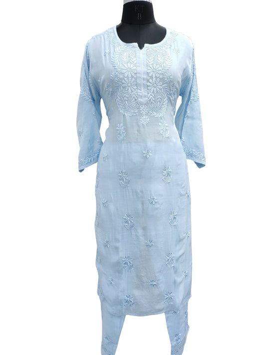 Shyamal Chikan Hand Embroidered Blue Muslin Lucknowi Chikankari Kurta and Bottom Set - S26238